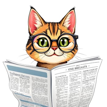 A charming cat with glasses sits comfortably while reading a newspaper, showcasing a curious expression that reflects an engaging indoor moment, perfect for cozy afternoons.