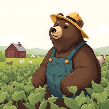 A bear dressed in overalls and a straw hat stands among vibrant crops in a sunny rural farm. In the background, cows graze near a red barn, creating a peaceful agricultural setting.