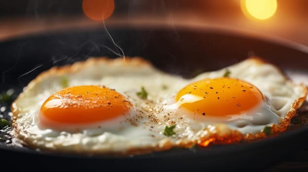 Fried Eggs in a Hot Pan on a Stove.