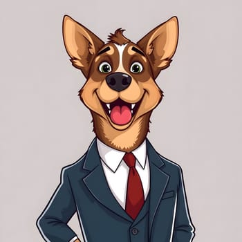 A cheerful cartoon dog is dressed in a stylish suit with a tie, standing confidently and smiling. The dog's expressive face radiates joy and friendliness against a neutral background.