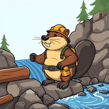 A cheerful beaver dressed in a construction hat and gear stands by a flowing river, overseeing the dam construction. Trees dot the background, adding a natural touch to the scene.