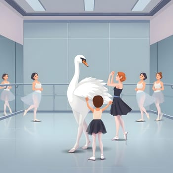 In a contemporary dance studio, a group of young ballet dancers practices their routine while a graceful swan captures their attention. The atmosphere is filled with creativity and focus.