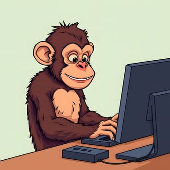 A cheerful monkey sits at a desk, focused on typing at a computer. The room features a light green wall, creating a fun atmosphere for this curious animal engaging with technology.