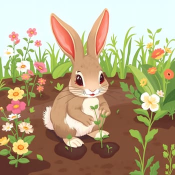 A small rabbit gently plants seeds in rich soil surrounded by vibrant flowers in a sunny garden, embodying the spirit of spring and nurturing growth.