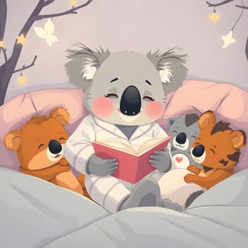 A friendly koala in pajamas reads a storybook to three adorable animal companions in a warm, serene setting, surrounded by soft bedding and gentle lighting that creates a peaceful atmosphere.