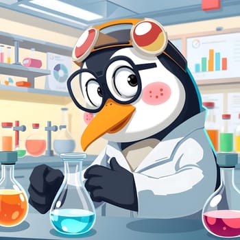 A penguin dressed in a lab coat and glasses is engaged in experiments in a vibrant laboratory, surrounded by beakers filled with colorful liquids and scientific equipment.