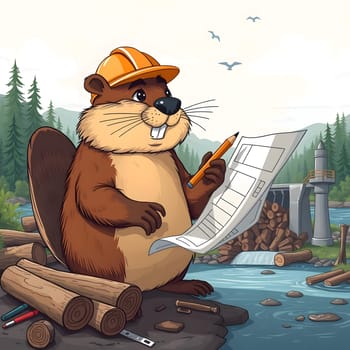 A cheerful beaver wearing an orange safety hat holds a blueprint, surrounded by logs and tools by a river in a lush green forest. Birds fly overhead, adding to the vibrant nature.