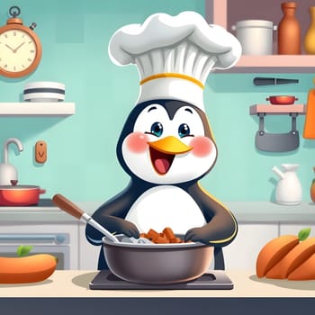 A joyful cartoon penguin wearing a chef's hat is happily mixing ingredients in a pot. The kitchen is vibrant, equipped with various vegetables and cooking utensils, creating an inviting atmosphere.