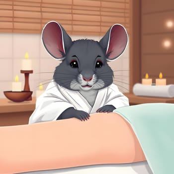 A cute chinchilla, dressed in a spa robe, gently massages a person's back in a serene setting filled with candles and soft lighting, creating a calming atmosphere.