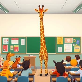 A playful giraffe stands at the front of a vibrant classroom, engaging a group of animated animal students. The setting is colorful, with charts and posters adorning the walls.