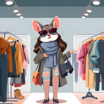 A fashionable rabbit character dressed in a stylish outfit explores a boutique filled with colorful clothing and accessories while enjoying a shopping experience.