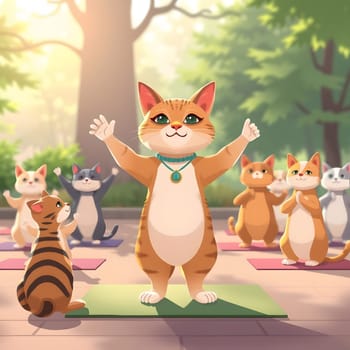 A group of animated cats gathers outdoors for a yoga session, with one cat leading the class. The peaceful environment features soft sunlight filtering through trees.