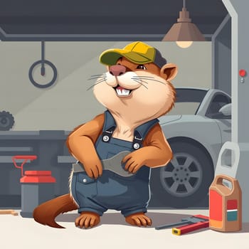 A cartoon character resembling a friendly animal stands in a garage, wearing overalls and a cap, holding a wrench and smiling confidently in a workshop environment. Tools and a car are visible nearby.