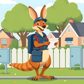 A friendly kangaroo dressed as a mail carrier stands on a residential street holding letters. Colorful houses and green trees frame the background under a bright blue sky.