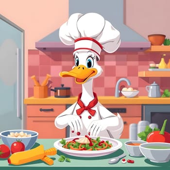A joyful duck dressed as a chef is skillfully arranging fresh vegetables in a sunny kitchen. The bright colors of the interior and ingredients create an inviting atmosphere.