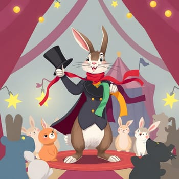 A cheerful rabbit in a top hat performs magic tricks center stage, surrounded by a variety of other animals