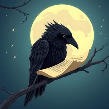 A raven sits on a branch, gazing at the viewer. It clutches a scroll with mysterious text. The full moon glows softly in the background, illuminating the night sky filled with stars.