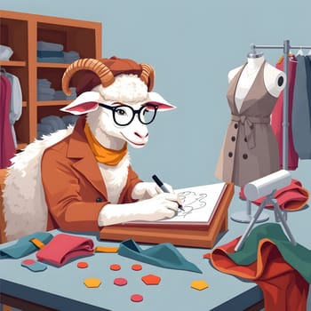 A goat wearing glasses and an outfit is sketching clothing designs at a table