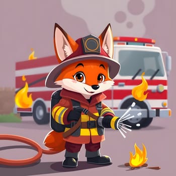 A cheerful cartoon fox dressed in a firefighter uniform stands confidently, spraying water to extinguish flames around him. A fire truck is visible in the background, enhancing the emergency theme.
