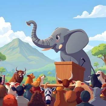 An elephant stands at a podium, animatedly addressing various animals gathered around in a mountainous landscape. The scene conveys a whimsical yet engaging atmosphere of leadership.