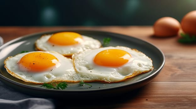 Three Delicious Fried Eggs on a Plate, Served Perfectly for Breakfast.