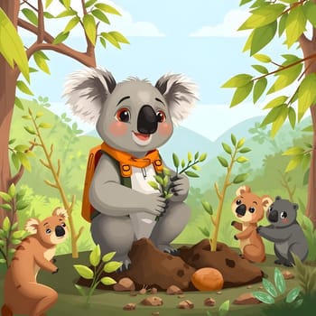 A cheerful koala wearing a backpack is planting young saplings in a lush forest while two smaller koalas watch eagerly. The scene is filled with greenery and mountains in the background.