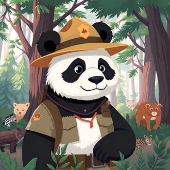 A cartoon panda dressed as a ranger is happily exploring a lush forest. Surrounding him are various forest animals, creating a playful and adventurous atmosphere in nature.