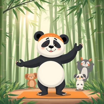 A panda with a friendly expression stands on a yoga mat surrounded by cute animal friends in a lush bamboo forest, enjoying a peaceful moment of practice and camaraderie.