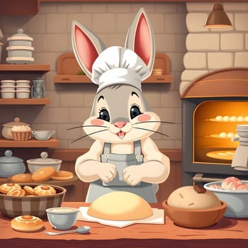 A delighted rabbit baker wears a chef hat while kneading dough in a warm, inviting kitchen. Freshly baked goods fill the counters and an oven glows in the background.