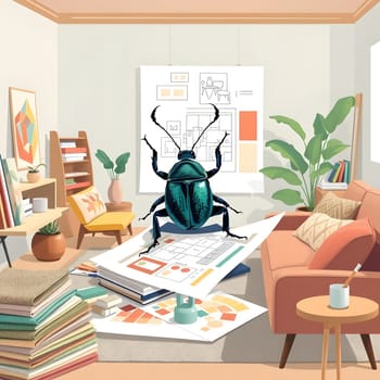 A vibrant beetle sits on top of design sketches in a cozy living room filled with plants and colorful decor. Sunlight streams through a window, creating a warm atmosphere.