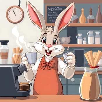 A cheerful rabbit wearing an apron serves coffee at a cozy cafe. The warm atmosphere features shelves filled with jars, a clock, and soft lighting, creating a welcoming environment.