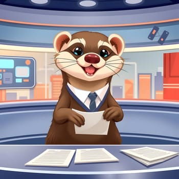 A cartoon weasel in a suit stands at a news desk, smiling and holding papers. The backdrop features a city skyline, with high-tech screens displaying news graphics.
