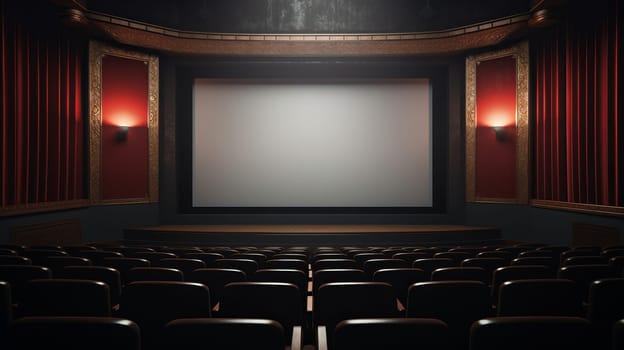 An empty theater with a projector screen.