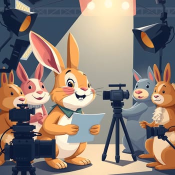 Rabbits are gathered in a studio preparing for an upcoming performance, with one reading from a script. Cameras and bright lights create an exciting atmosphere for the show.