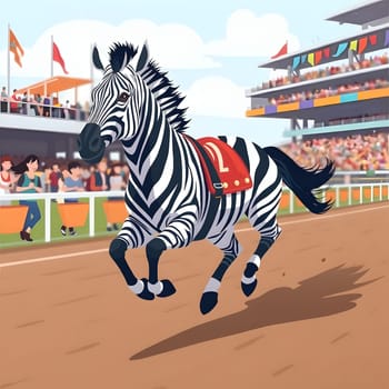 A zebra, wearing a racing saddle, gallops energetically down the track at a bustling racecourse filled with cheering spectators under a sunny sky. The atmosphere is lively and colorful.