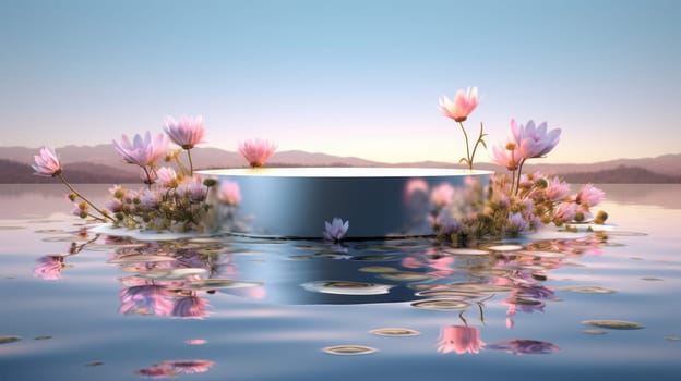 A scene with flowers floating in the water.