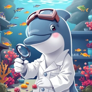 A dolphin wearing a lab coat and goggles examines coral and fish in a vibrant underwater environment, showcasing the beauty of marine life and scientific curiosity in its natural habitat.