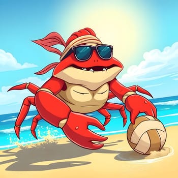 A vibrant crab wearing sunglasses joyfully maneuvers a volleyball on a sandy beach. The ocean glistens under a bright sun, creating a lively summer atmosphere.