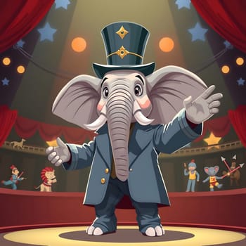 An elephant dressed as a magician takes center stage, captivating the audience with its lively performance in a colorful circus setting filled with vibrant props and characters.