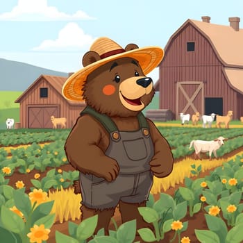 A friendly bear wearing a straw hat and overalls stands in a field surrounded by crops, with a barn and farm animals in the background under a clear blue sky.