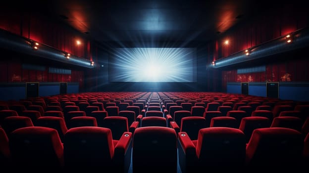 Empty Theater with Vibrant Red Seats and a Large Projector Screen.