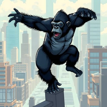 A cartoon gorilla is mid-air, energetically leaping from a building rooftop in a busy urban area. The city skyline showcases modern skyscrapers under a bright sky.