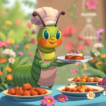 A cheerful caterpillar wearing a chef's hat presents a platter of gourmet food amidst colorful flowers in a sunny garden, showcasing the joy of culinary creativity.