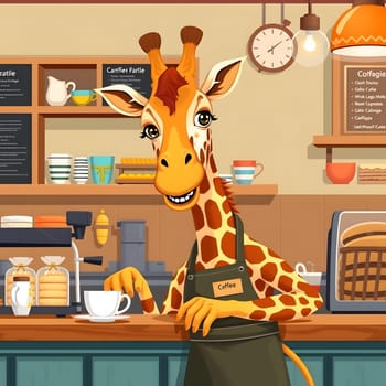 A cheerful giraffe wearing an apron stands behind a cafe counter, expertly preparing coffee and baked goods, creating a warm, inviting atmosphere for customers.
