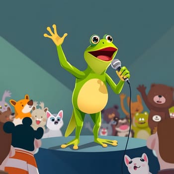 A vibrant frog stands on a small stage, holding a microphone and engaging with a lively crowd of various animated animals who are excitedly cheering and waving.