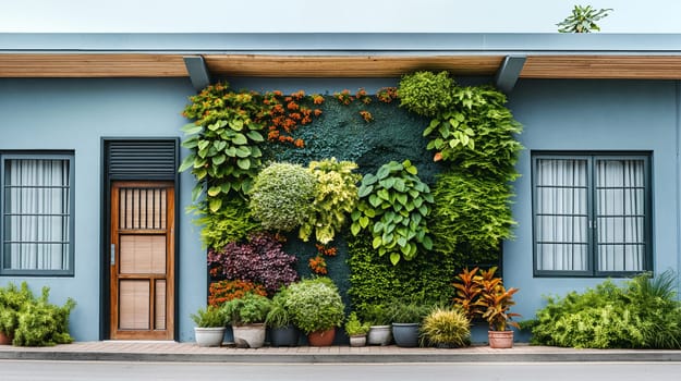 A vibrant vertical garden is displayed on the exterior wall of a blue building, adorned with various plants and surrounded by potted greenery. Clear day adds to the lively atmosphere - Generative AI