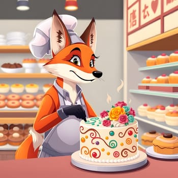 In a warm and inviting bakery, a fox baker joyfully decorates a lovely cake adorned with vibrant flowers and swirling designs, showcasing a delightful pastry experience.