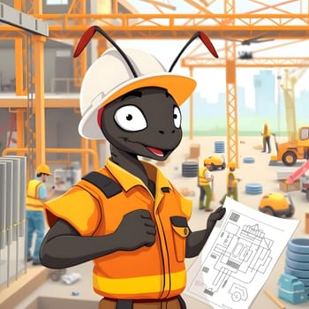 A cartoon ant in an orange construction uniform smiles while holding building plans. Behind, workers are actively constructing a bustling site, showcasing teamwork and industry.
