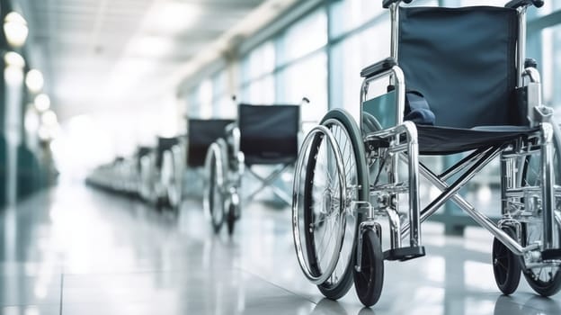 Row of Vacant Wheelchairs in Hospital Hallway.