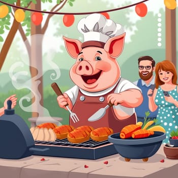 A cheerful pig in a chef's outfit skillfully grills delicious food at an outdoor barbecue. Excited guests enjoy the festive atmosphere, surrounded by greenery and decorative lights.